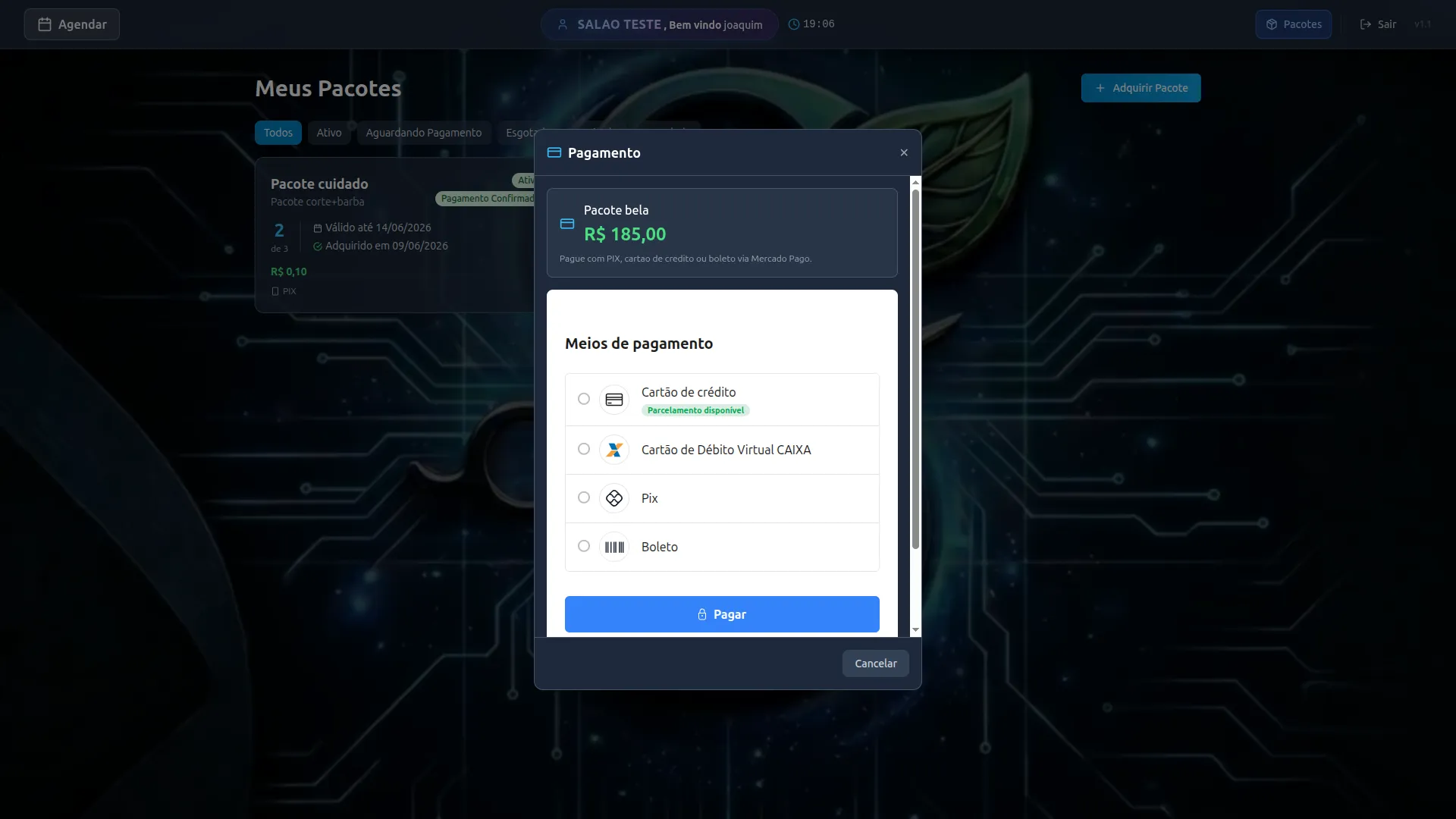 Tela de compra de pacote de serviços no SmartSalão